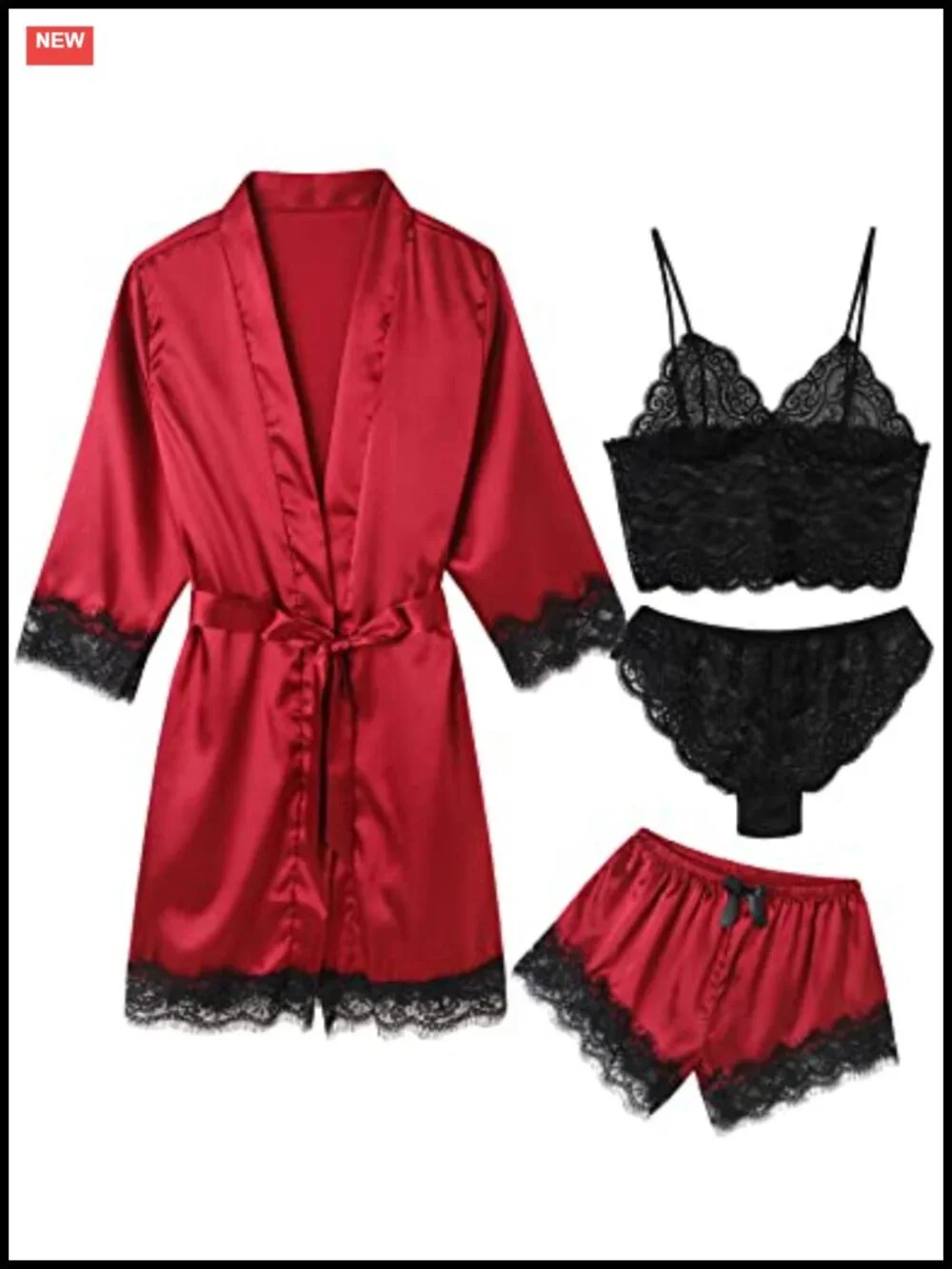 Women's Satin Pajama Set with Lace Robe - Sexy Sleepwear